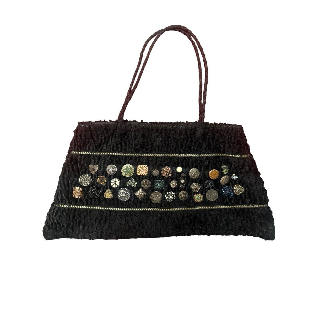 Atenti USA Black Textured Chenille Button Embellished Shoulder Bag Art Purse